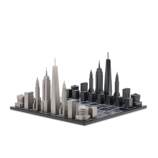 Chess Set Stainless Steel NEW YORK with Wood Map Board