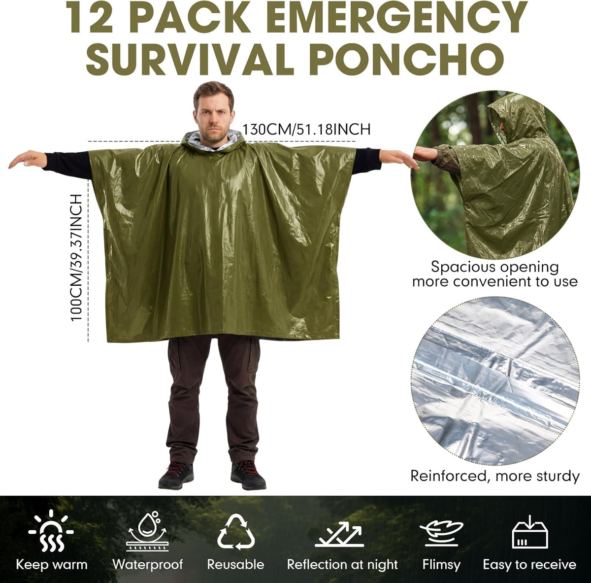 12 Pack Emergency Ponchos: Waterproof/Windproof/Thermal Survival Blanket Rain Ponchos