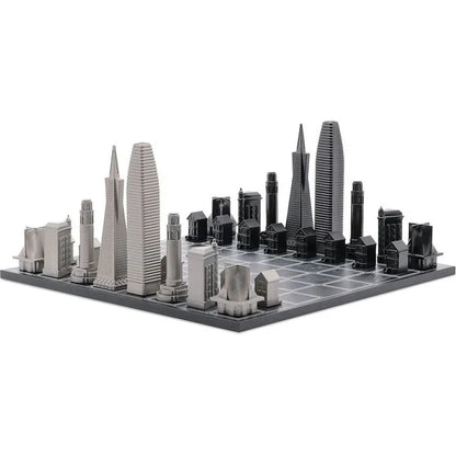 Chess Set Stainless Steel SAN FRANCISCO with Wood Map Board