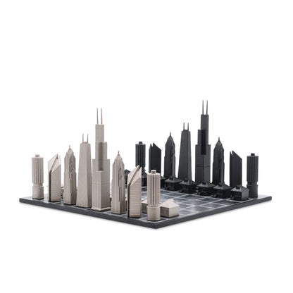 Chess Set Stainless Steel CHICAGO with Wood Map Board