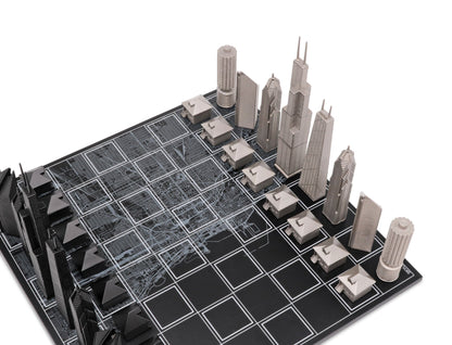 Chess Set Stainless Steel CHICAGO with Wood Map Board