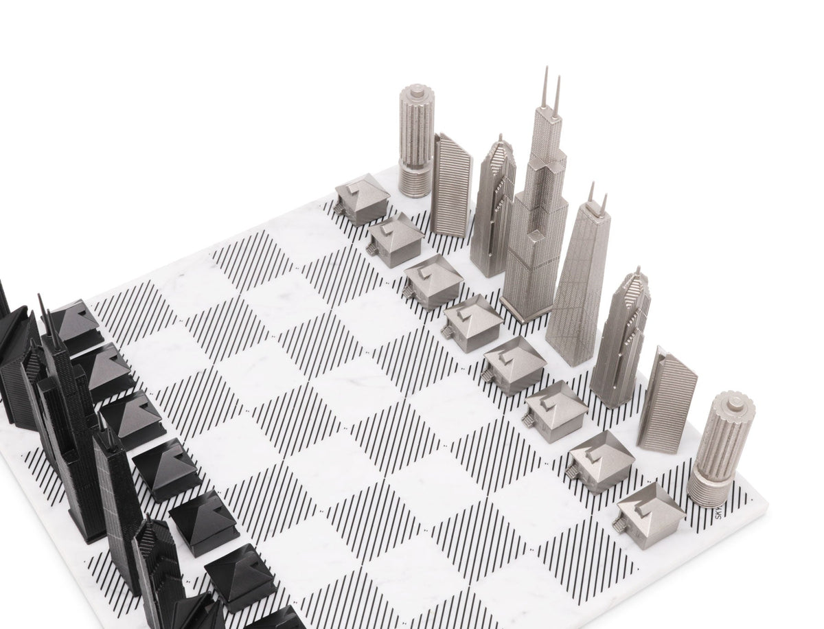 Chess Set Stainless Steel CHICAGO with Marble Hatch Board