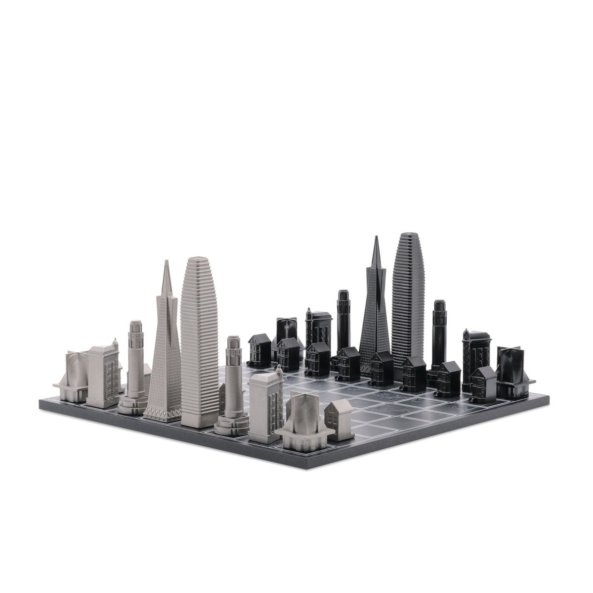 Chess Set Stainless Steel SAN FRANCISCO with Wood Map Board