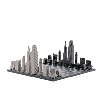 Chess Set Stainless Steel SAN FRANCISCO with Wood Map Board