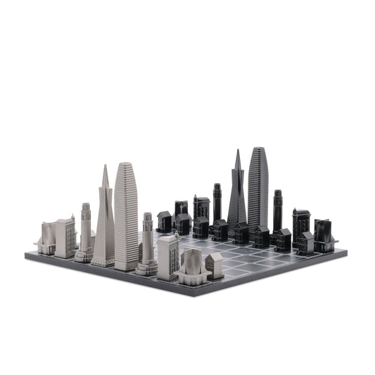 Chess Set Stainless Steel SAN FRANCISCO with Wood Map Board