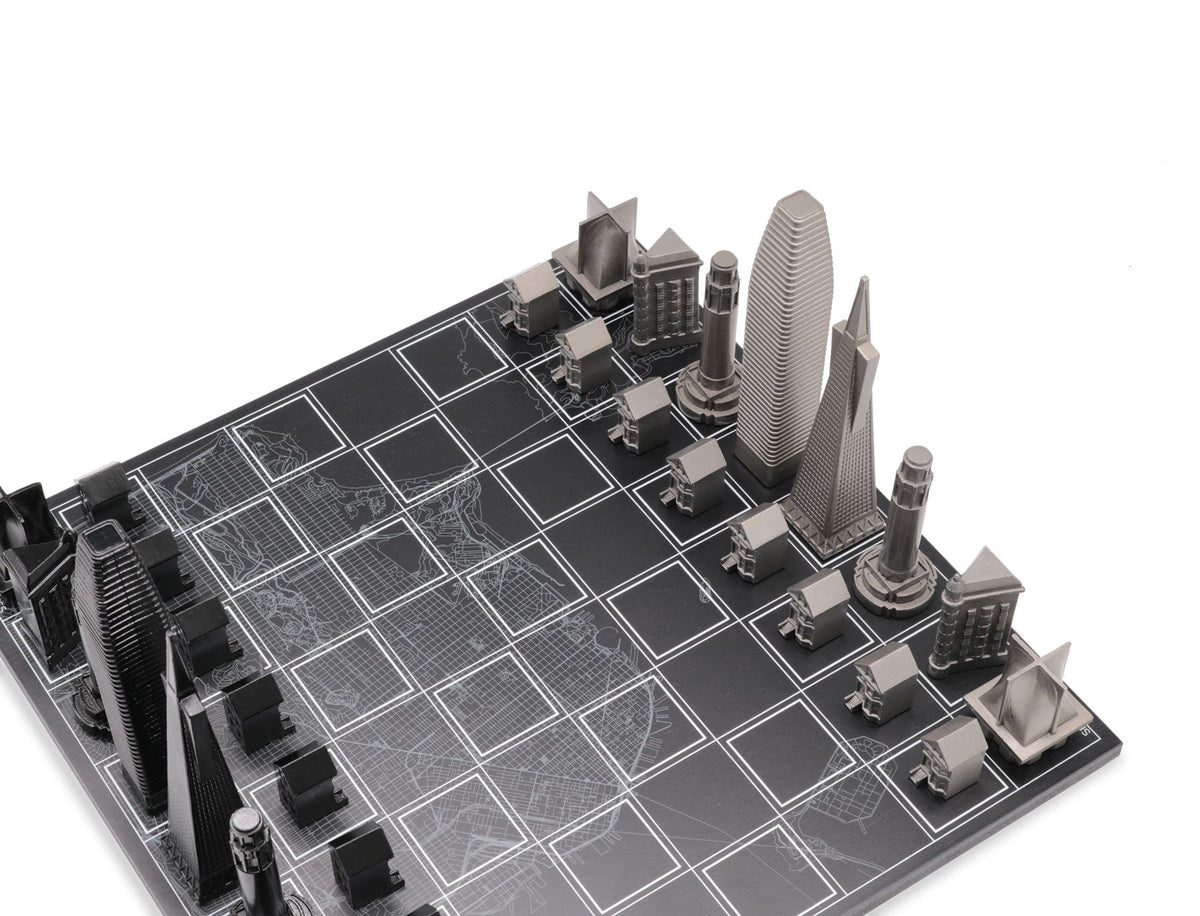 Chess Set Stainless Steel SAN FRANCISCO with Wood Map Board