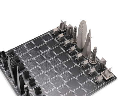 Chess Set Stainless Steel SAN FRANCISCO with Wood Map Board